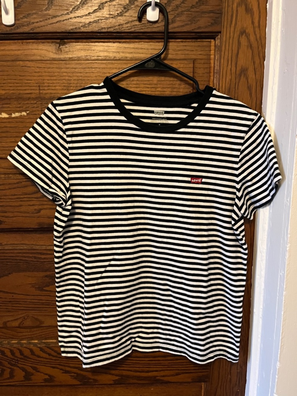 Levi's Black & White Striped Crewneck Tee with Red Logo